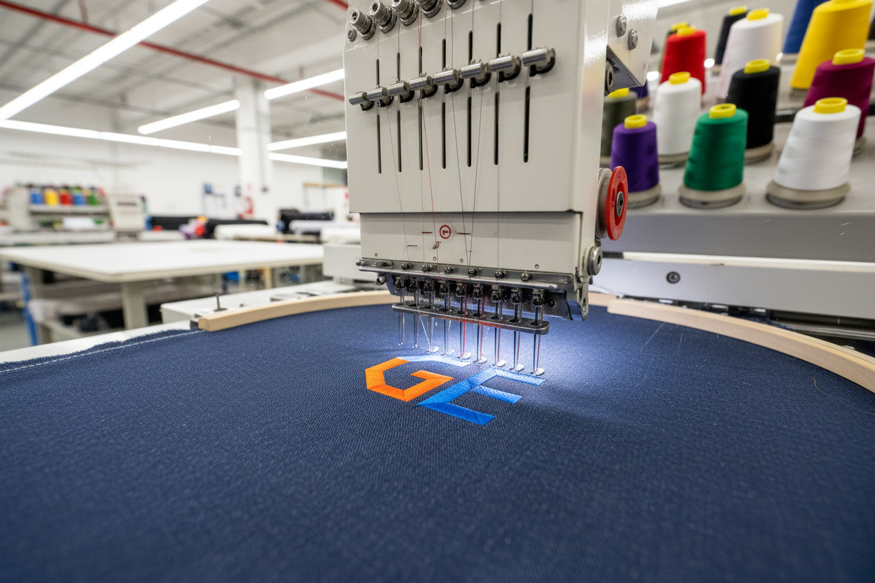 Stickmaschine die gerade ein Firmenstick Stickt